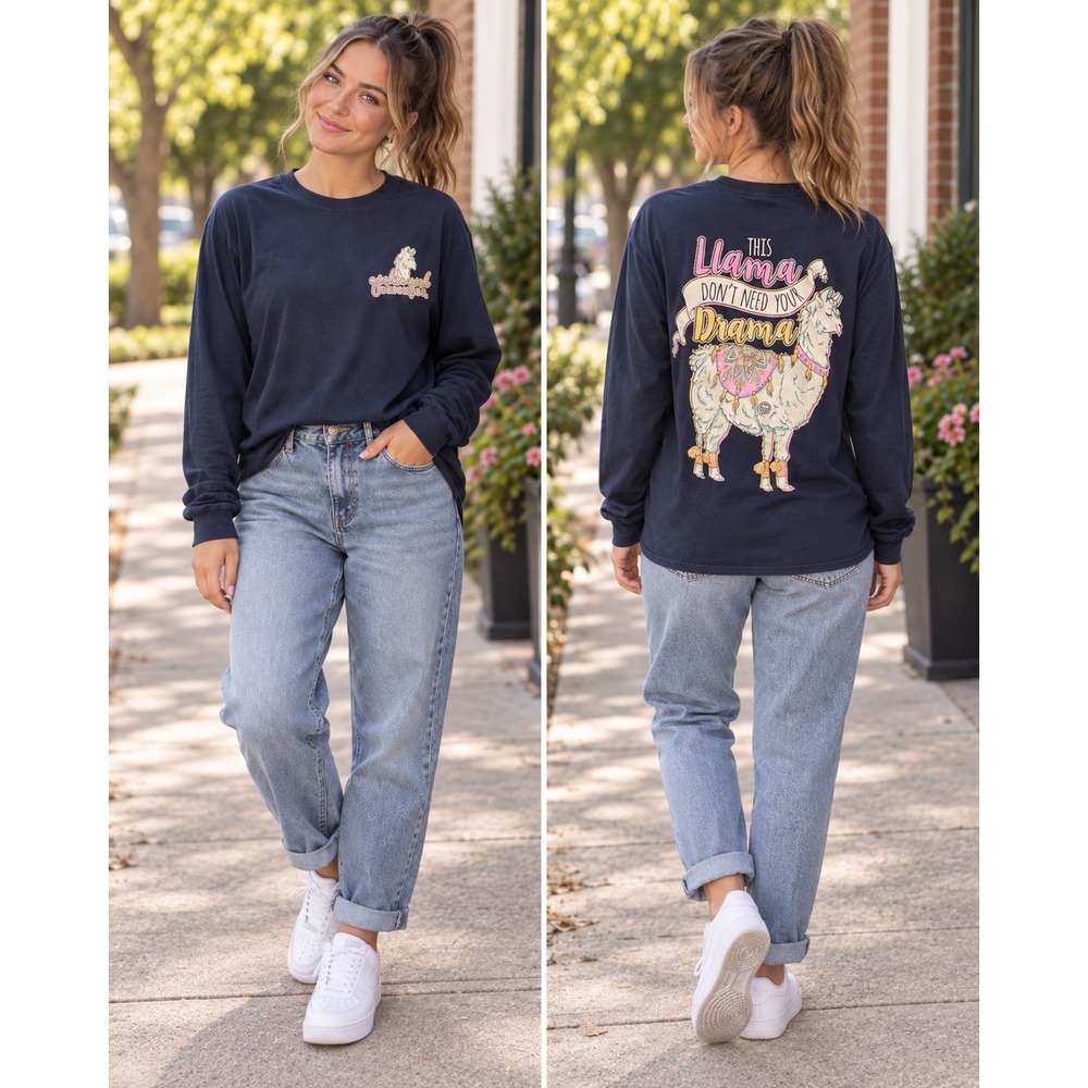 Girlie Girl Originals Llama Graphic Long Sleeve Tee XL Navy Cute Novelty Shir